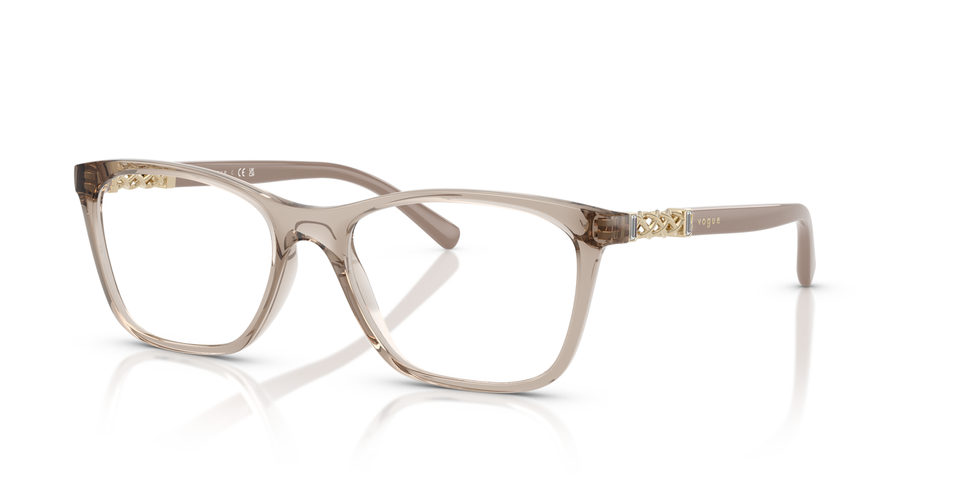VO5632B Transparant karamel KunststofEyeglass Frames van B24, Hoekweergave